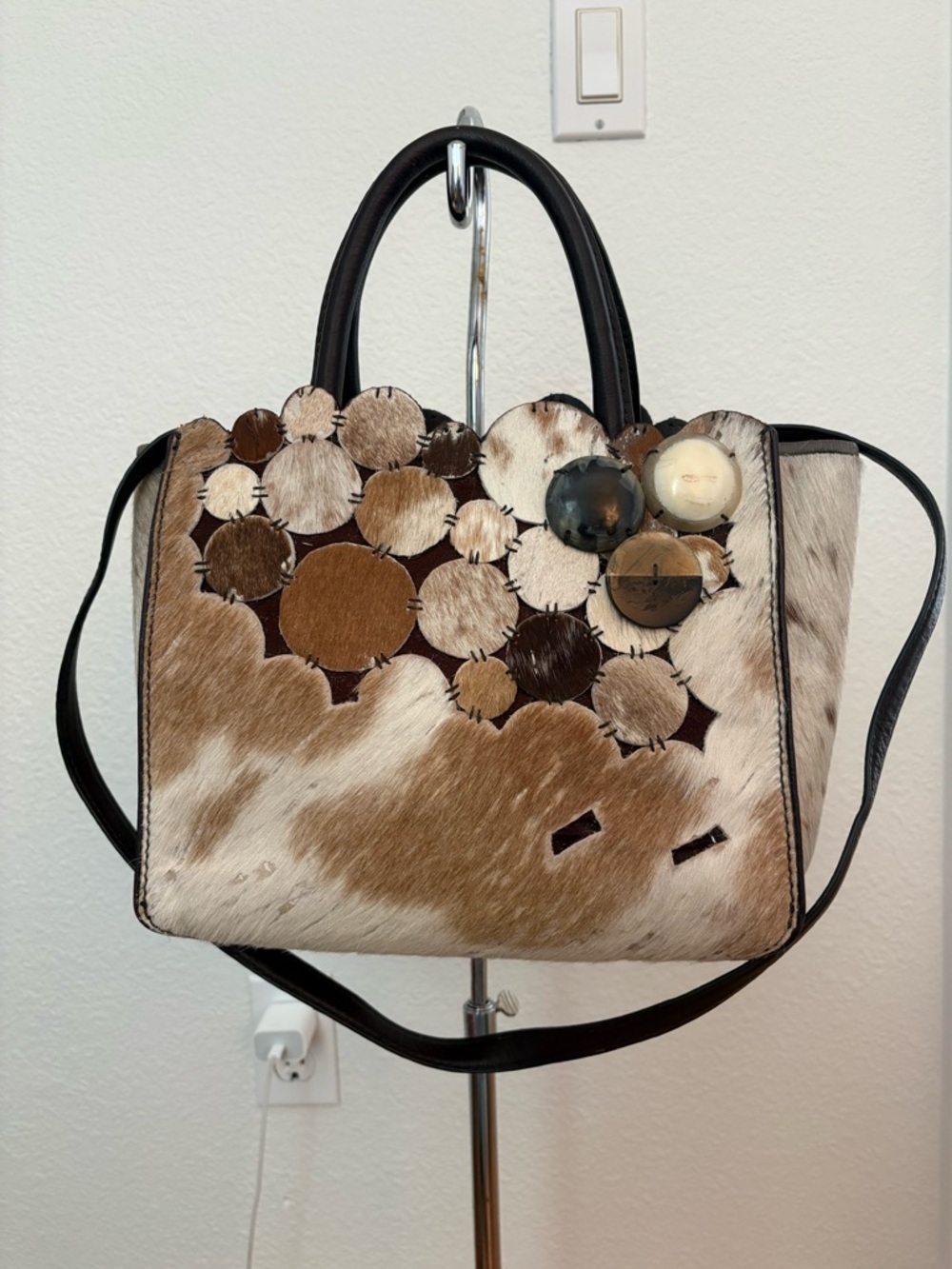 Maliparmi Brown & Cream Cowhide Circle Appliqué Satchel